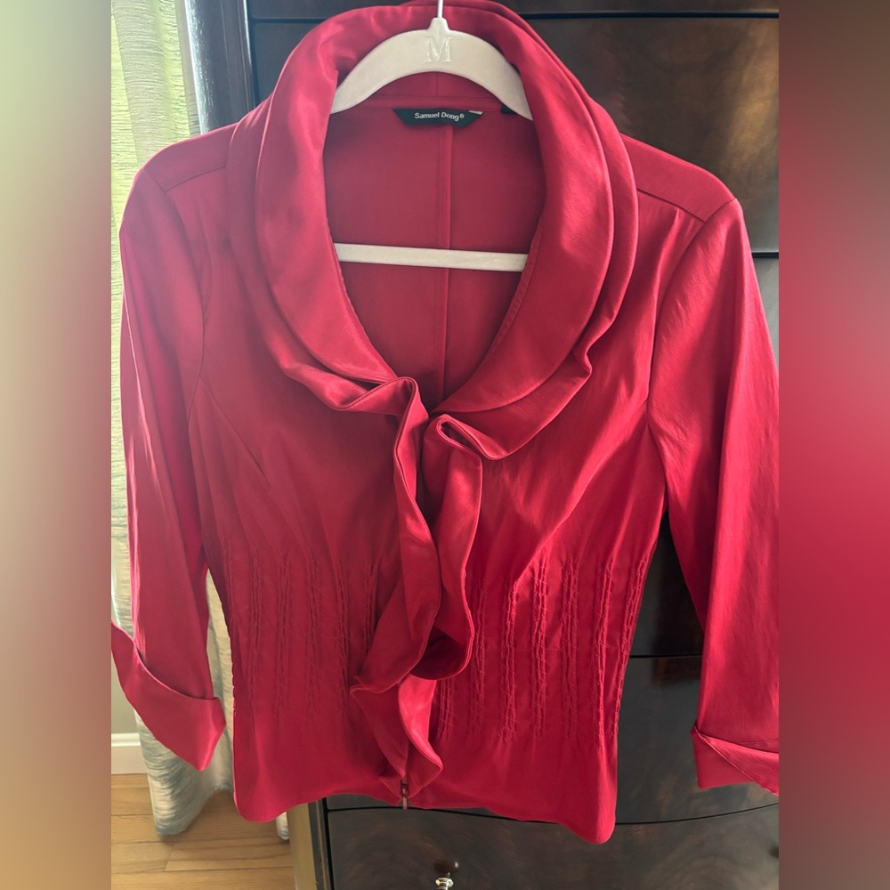 Samuel Dong Red Zip up/wire collared Blouse.  Perfect for Holidays!